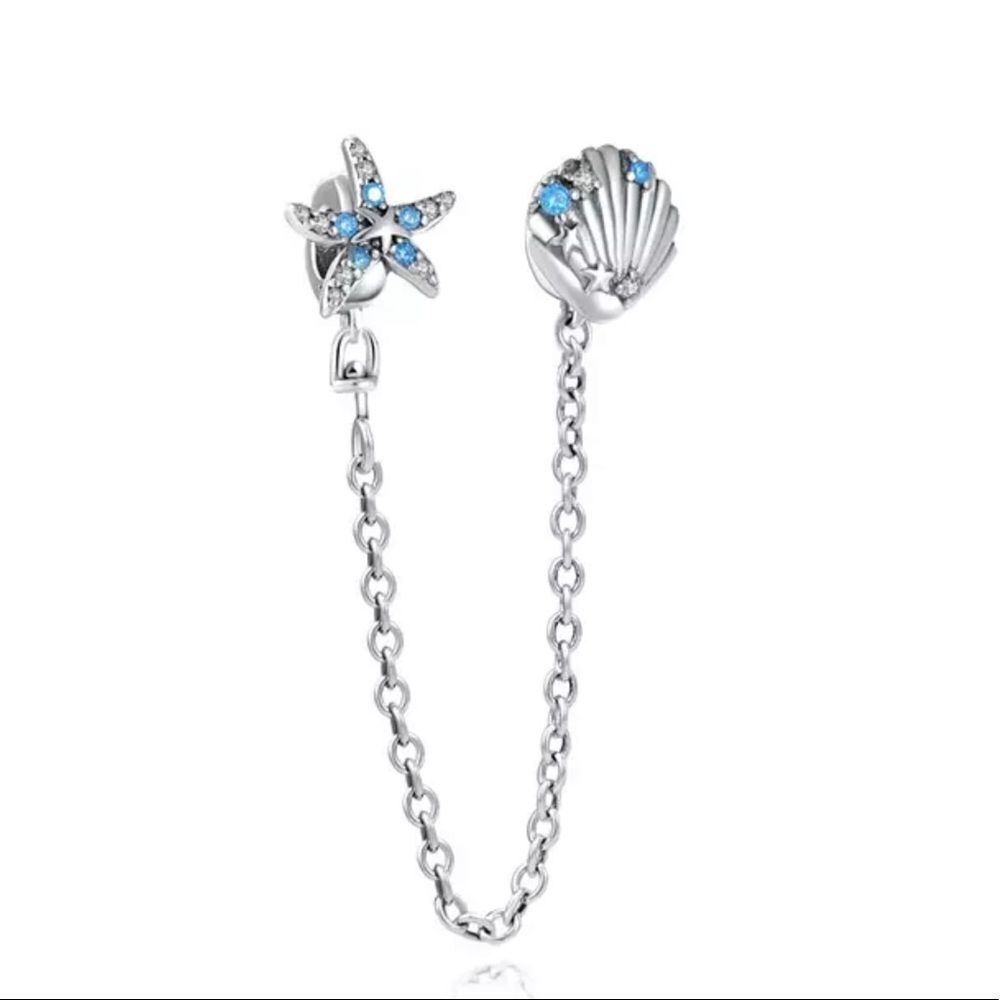 SS925 STARFISH AND‎ SHELL SAFETY CHAIN CHARM FOR BRACELET